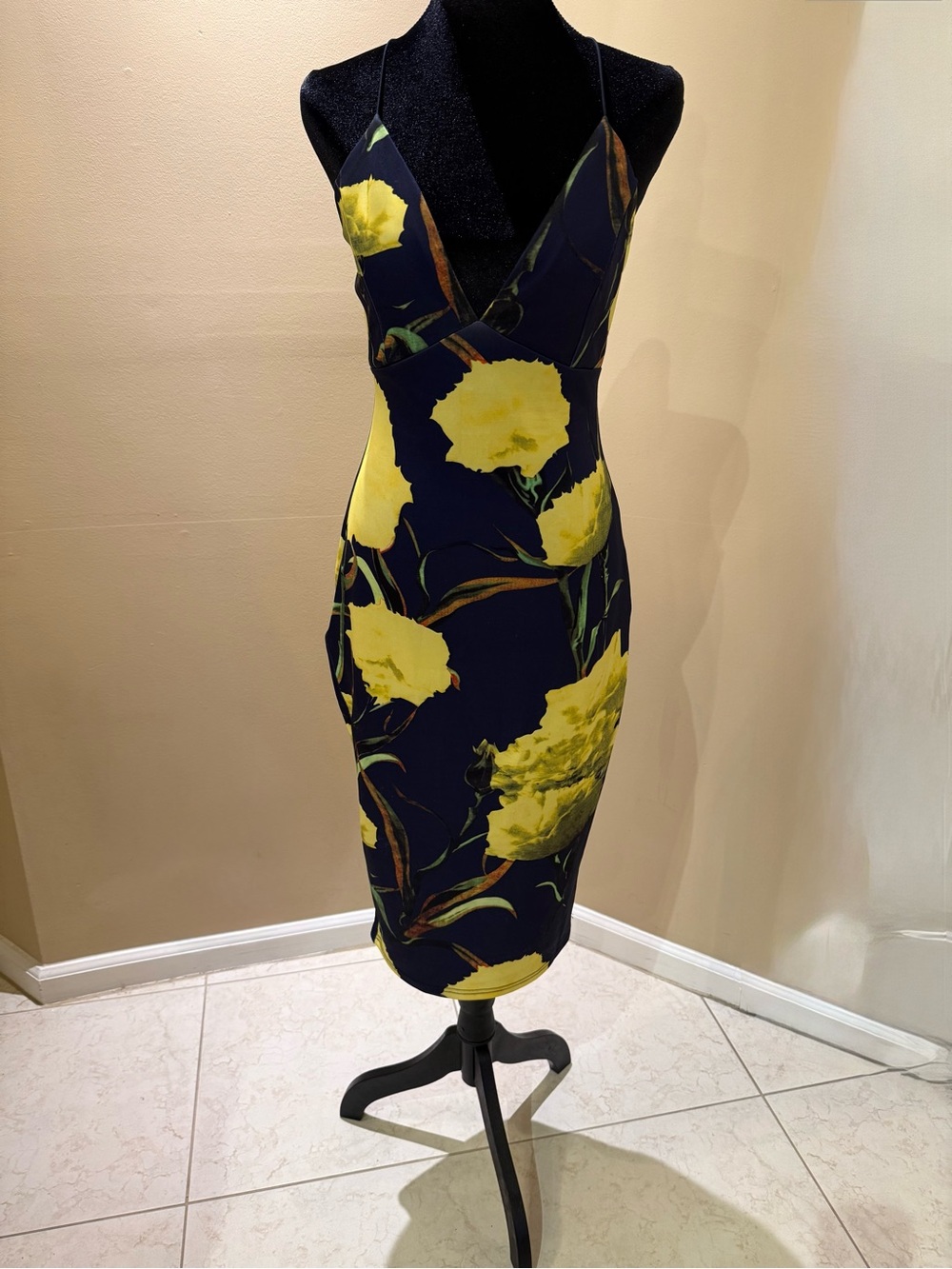Navy Halter Midi Dress with Yellow Floral Print